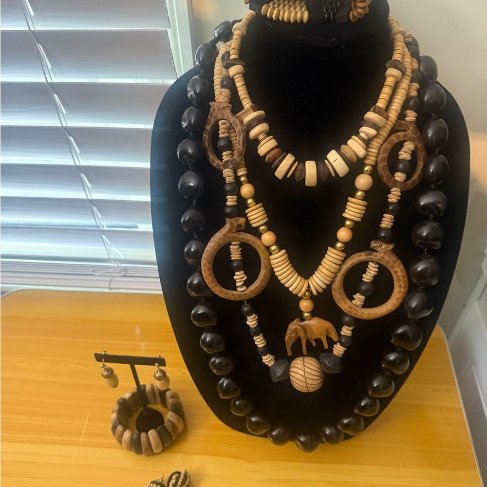 Handcrafted Wood Bead Necklace Set Brown & Black Necklaces Earrings Bracelet lot